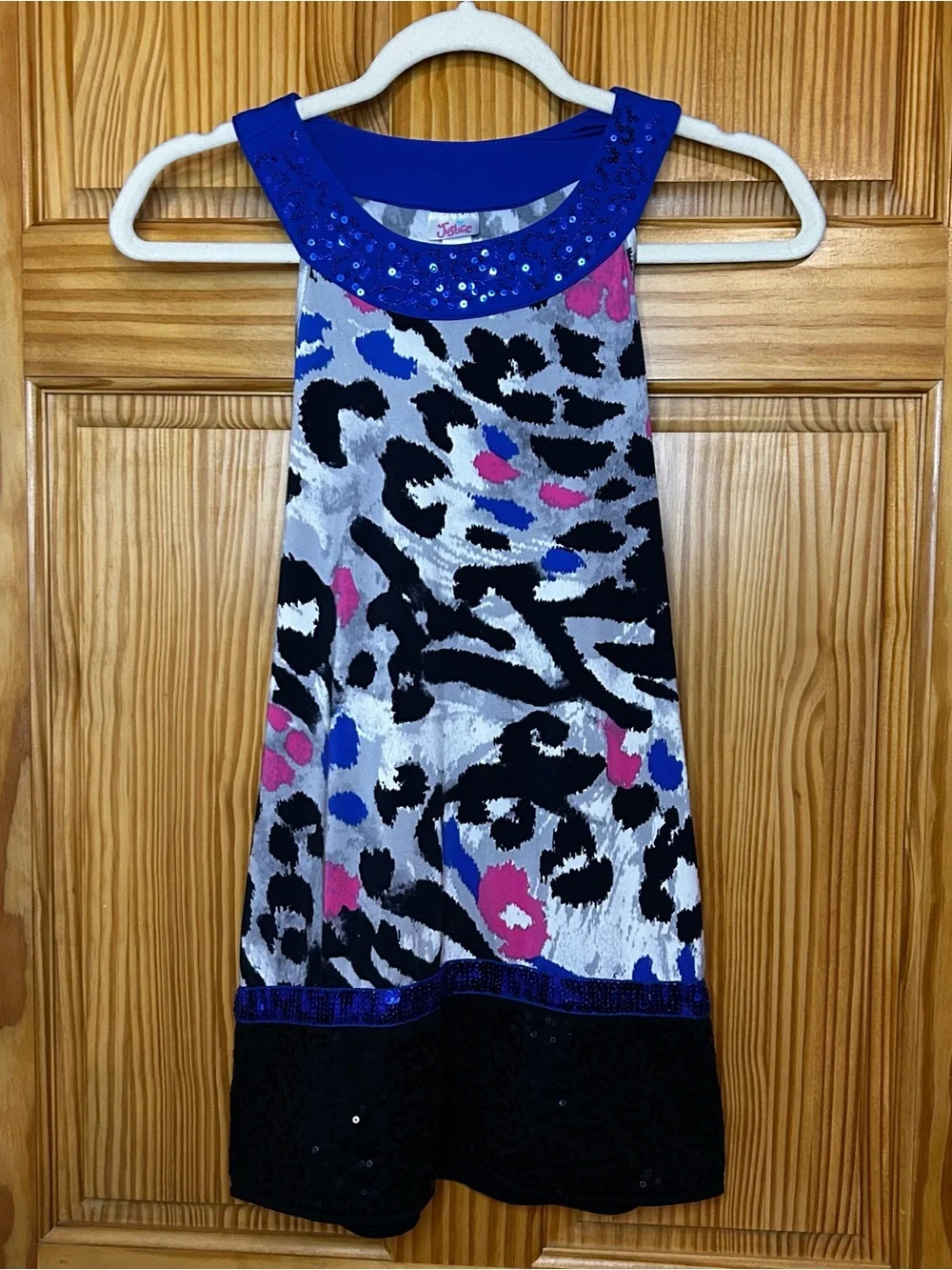 Justice Blue Collar Sequin Trim Multicolor Animal Print Dress